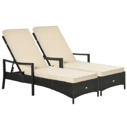 Outsunny Set De 2 Tumbonas De Ratán De Jardín Chaise Longue Con Respaldo Ajustable En 4 Posiciones Cojines Acolchados Y Desenfundables Para Terraza Patio Exterior 192x62,5x58-95 Cm Marrón Y Beige