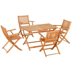 Outsunny Conjunto De Jardín De Madera Plegable 5 Piezas Set De 1 Mesa 120x70x72 Cm Y 4 Sillas 60x55x91 Cm Muebles De Comedor Para Terraza Balcón Exterior Teca