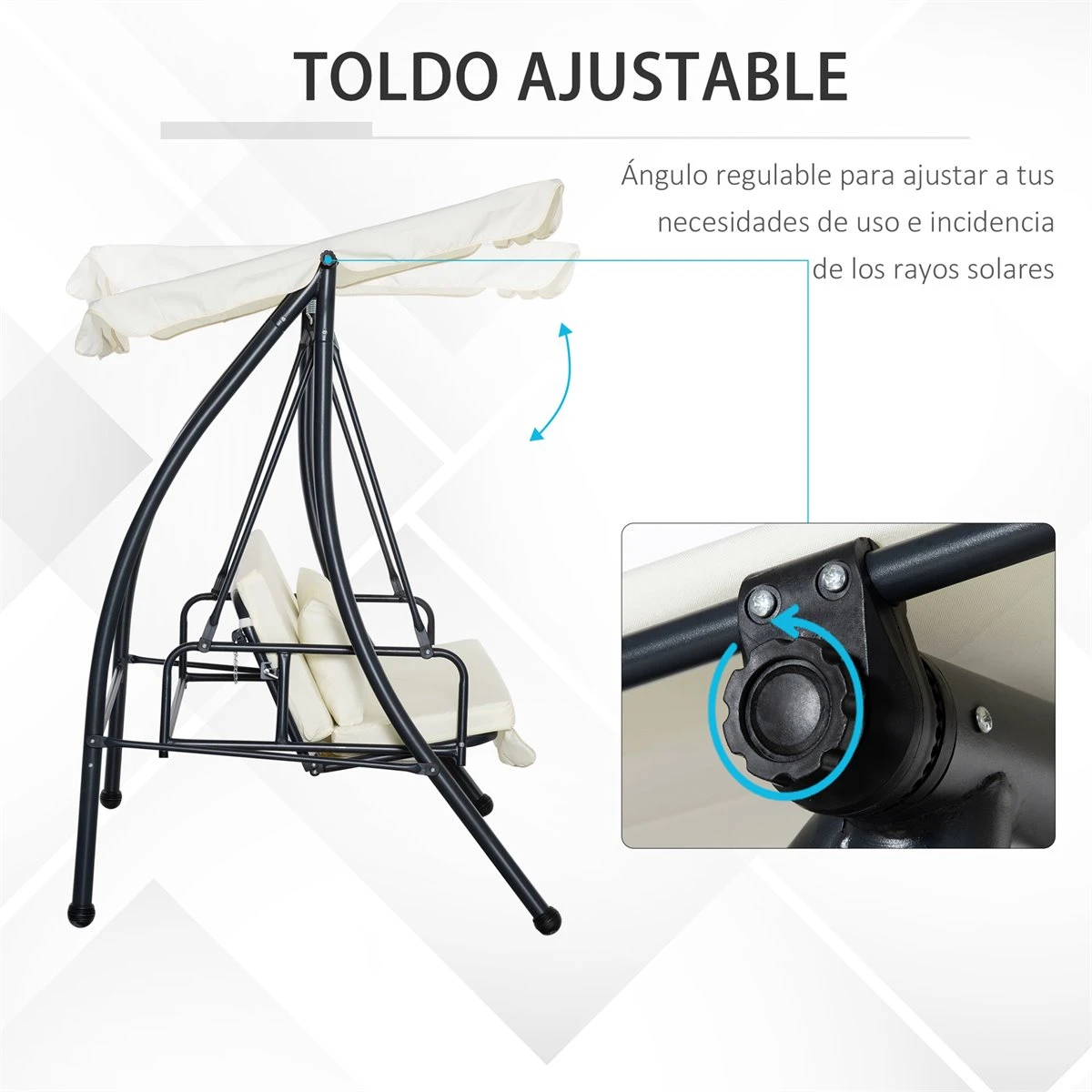 Outsunny Columpio Balancín Jardín De 3 Plazas Convertible En Cama Con Techo Ajustable Cojín Acolchado Y Almohadas Para Balcón Terraza Carga 340 Kg Acero 200x125x170 Cm Crema - Imagen 5