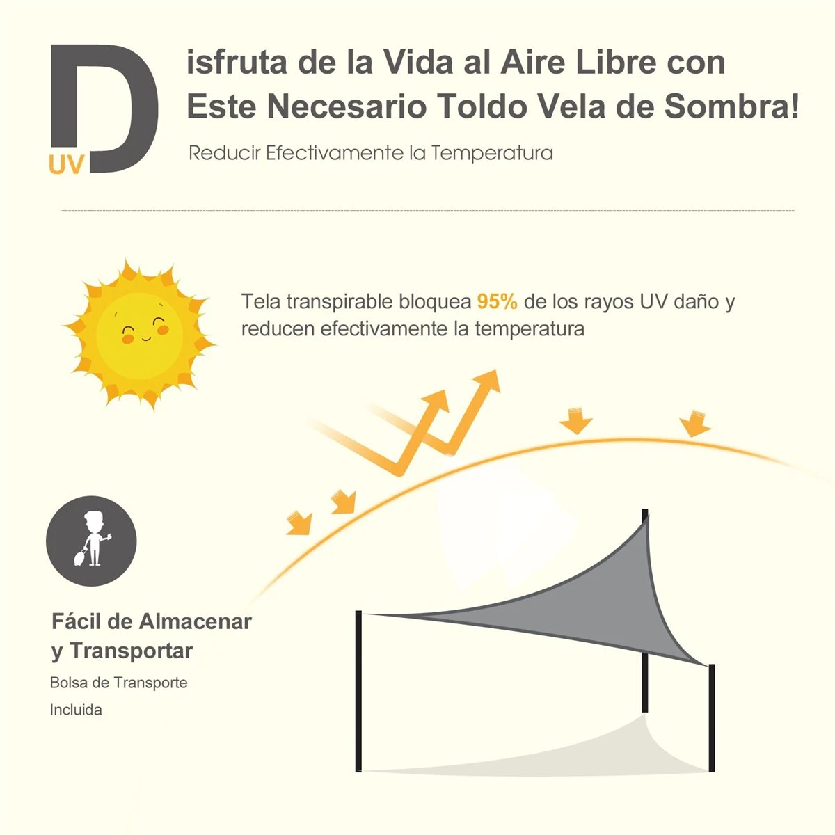 Outsunny Toldo Vela Triangular 5x5x5m Vela De Sombra Para Terraza Jardín Camping Resistente Al Agua Protección UV Poliéster Color Gris - Imagen 4
