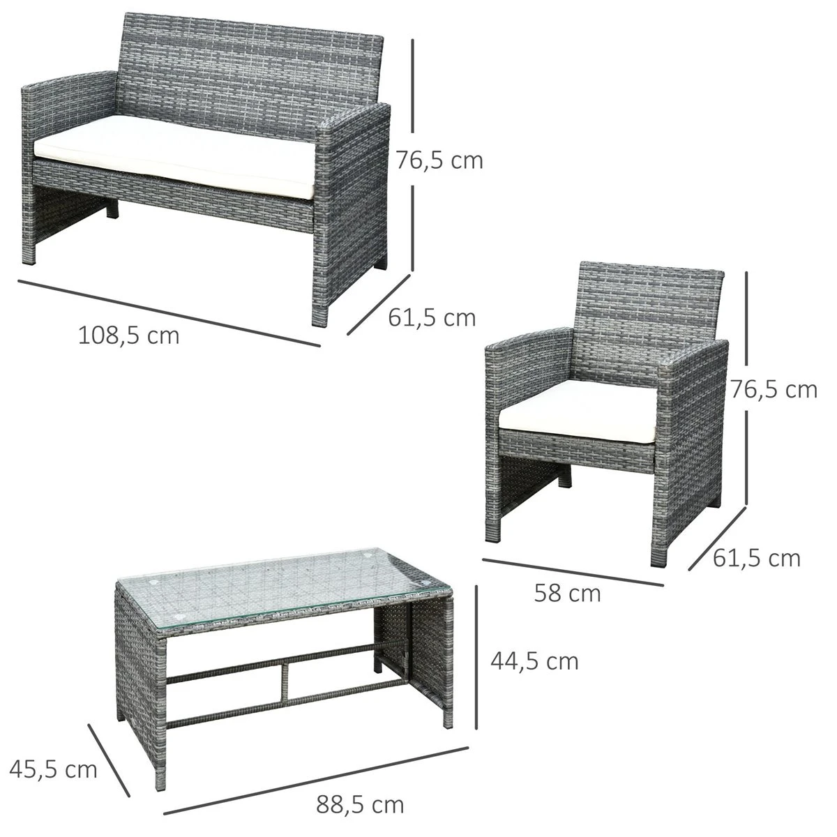 Outsunny Conjunto De Muebles De Jardín De Ratán 4 Piezas Juego De Muebles De Jardín Incluido 1 Sofá De 2 Plazas 2 Sillones Y 1 Mesa De Centro Con Tablero De Vidrio Para Terraza Gris - Imagen 3