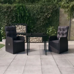 Juego De Comedor Para Jardín De 3 Piezas Y Cojines Negro VidaXL