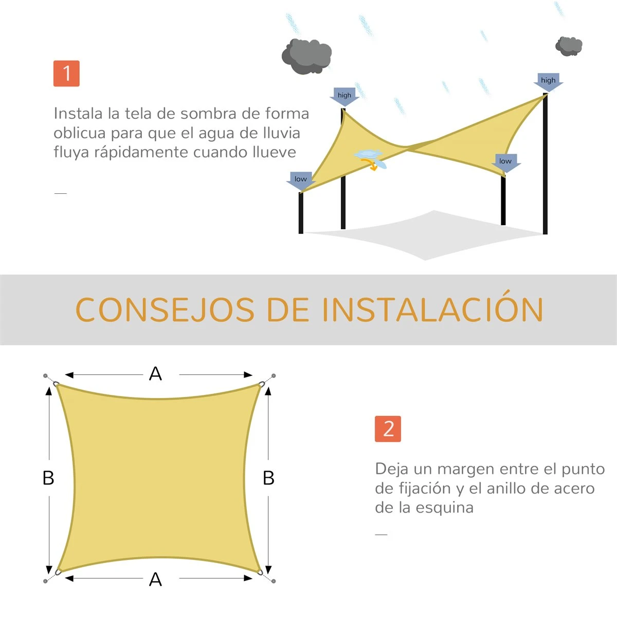 Outsunny Toldo Vela Rectángulo 4x6m Vela De Sombra Para Terraza Jardín Camping Resistente Al Agua Protección UV Poliéster Color Arena - Imagen 5