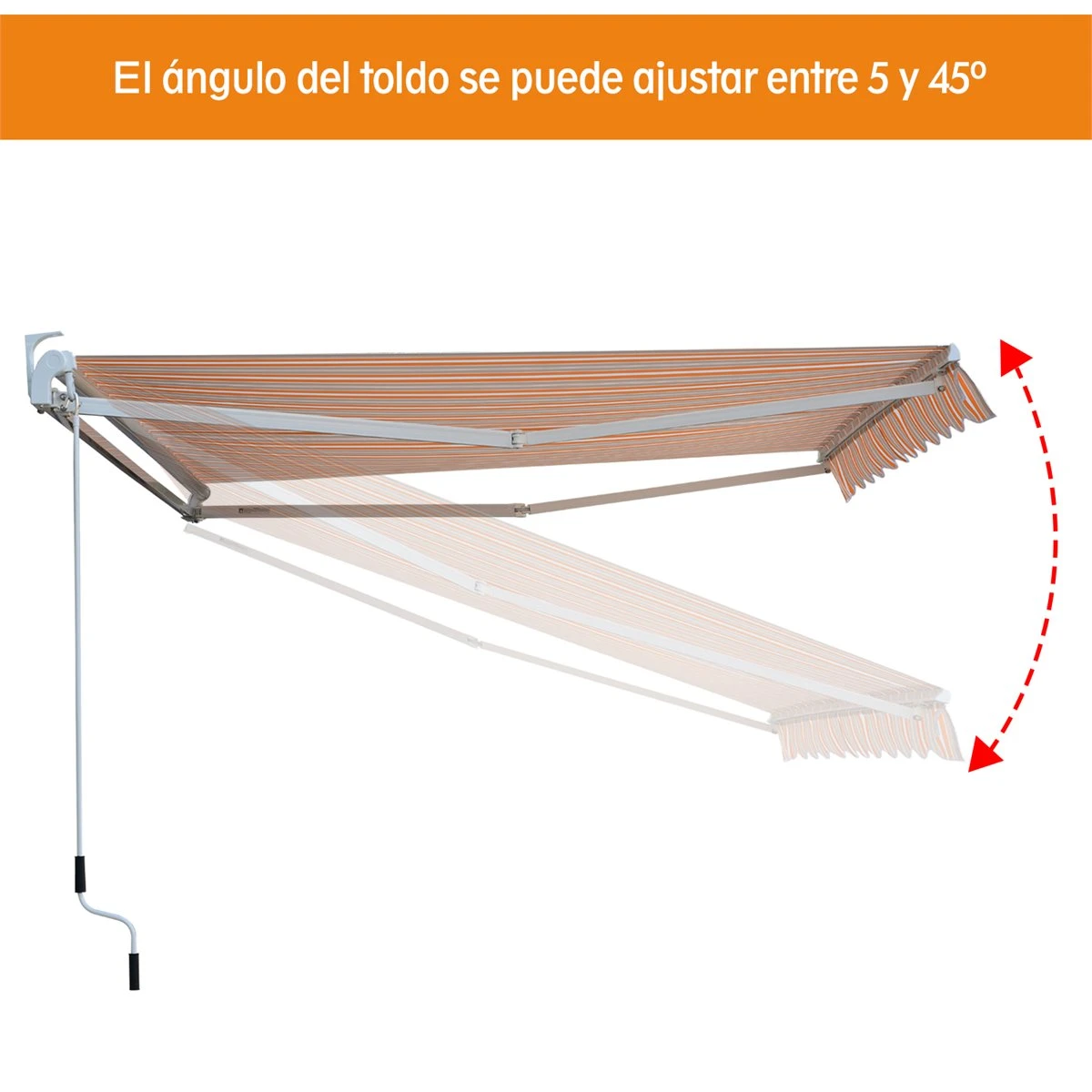 Outsunny Toldo Retráctil Con Manivela Toldo De 300x250cm Con Brazo Articulado De Aluminio Y Poliéster 280g/m² Rayas Naranja Beige Y Blanco - Imagen 5