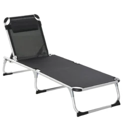 Outsunny Tumbona Plegable Reclinable De Aluminio Con Reposacabezas Extraíble Y Respaldo Transpirable Ajustable En 4 Posiciones Para Jardín Terraza Camping Exterior 170x60x76 Cm Negro