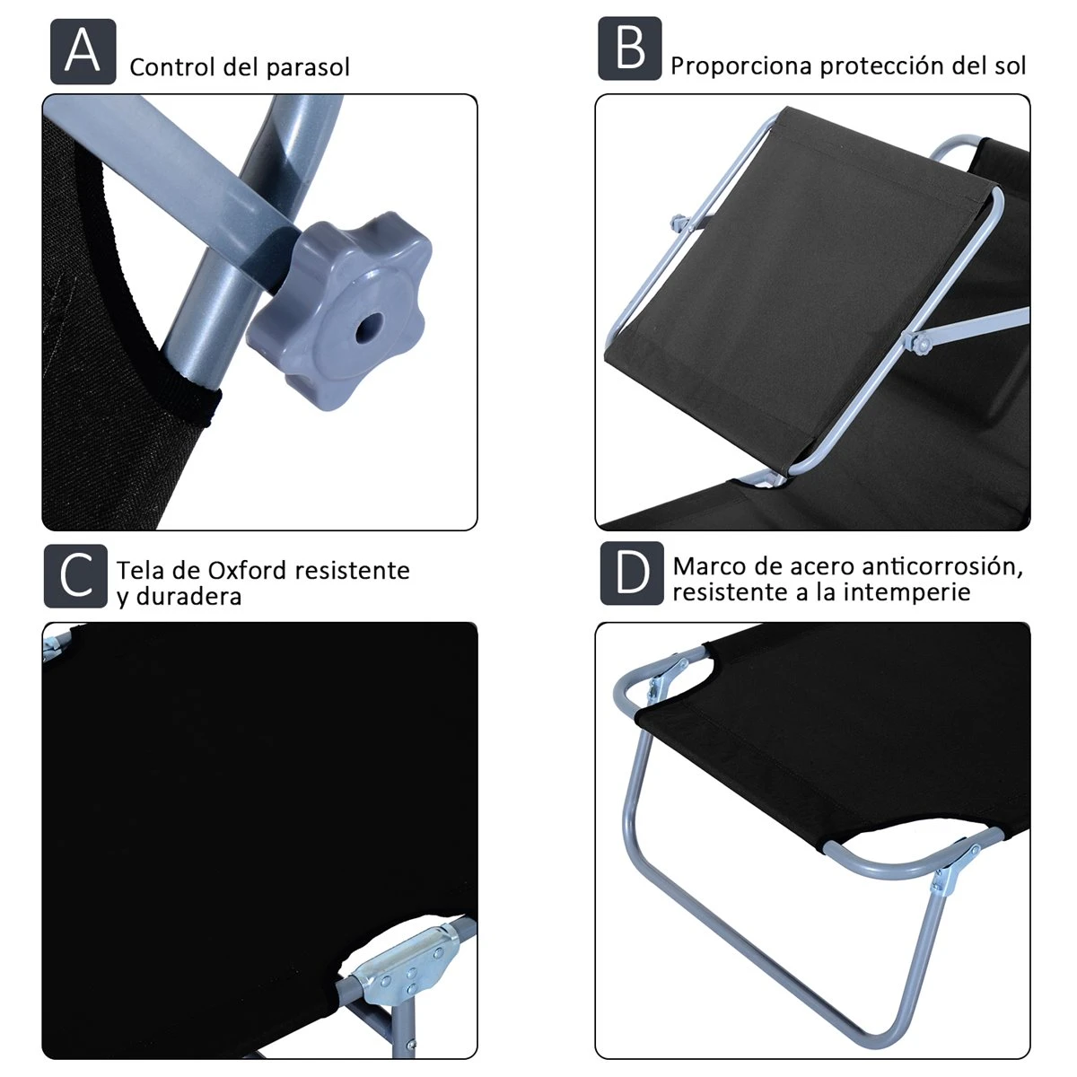 Outsunny Tumbona De Jardín Plegable Con Toldo Desmontable Y Regulable Respaldo Reclinable Para Jardín Terraza Acampada Al Aire Libre 187x58x36cm Negro - Imagen 6