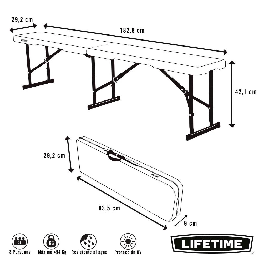 Banco Plegable Ultrarresistente 454 Kg LIFETIME 183x29x42 Cm UV100 - Imagen 4