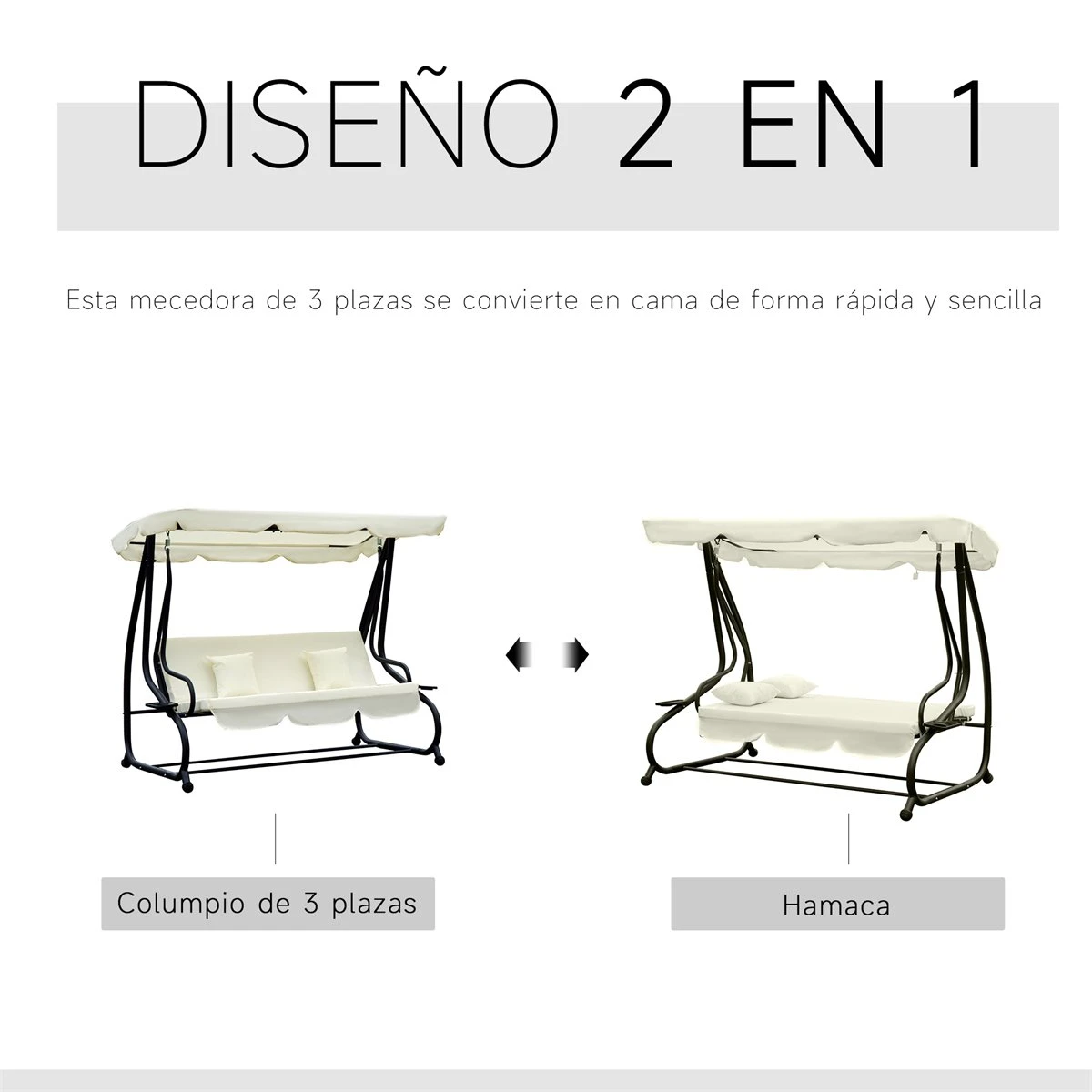 Outsunny Columpio Balancín Jardín 3 Plazas Convertible En Cama Techo Parasol Regulable Bandeja Para Bebida Terrza Balcón Exterior Carga Máx. 340kg Acero 200x120x164cm Beige - Imagen 4