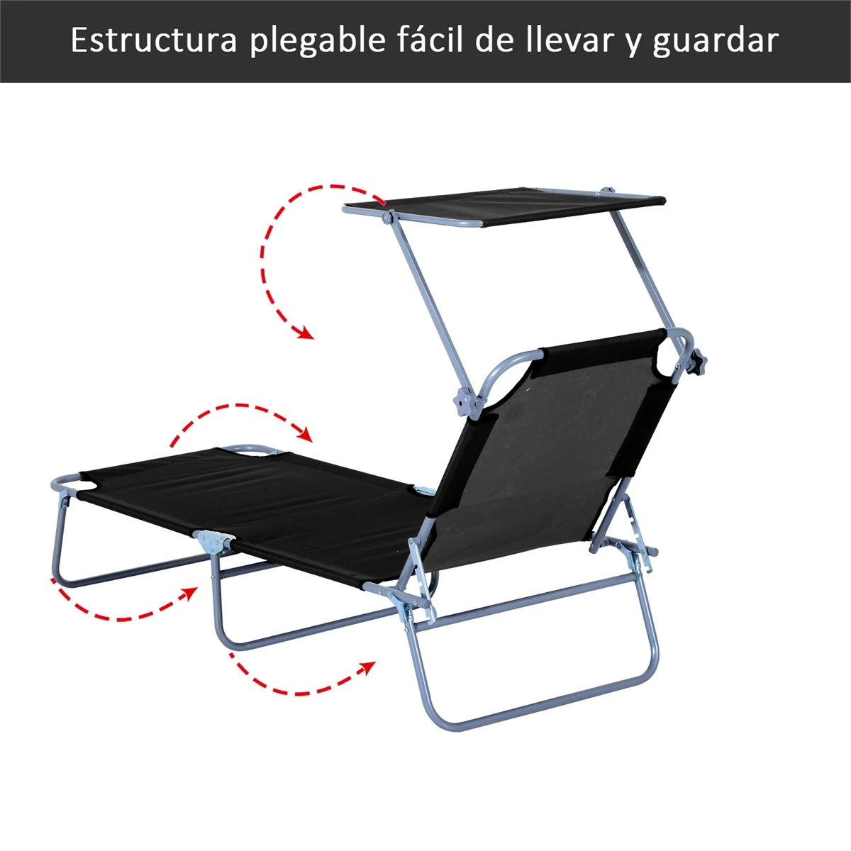 Outsunny Tumbona De Jardín Plegable Con Toldo Desmontable Y Regulable Respaldo Reclinable Para Jardín Terraza Acampada Al Aire Libre 187x58x36cm Negro - Imagen 5