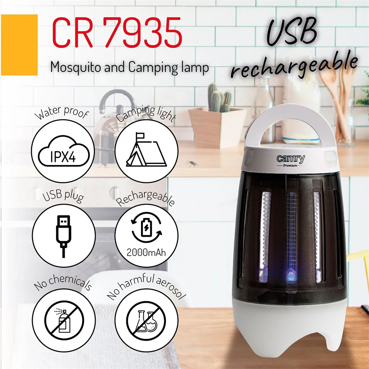 Camry CR 7935 Lámpara Anti-mosquitos, Lámpara Camping LED 2 En 1, Recargable USB Radio Acción 40 M², Camping, 2 , Blanco/Negro - Imagen 5