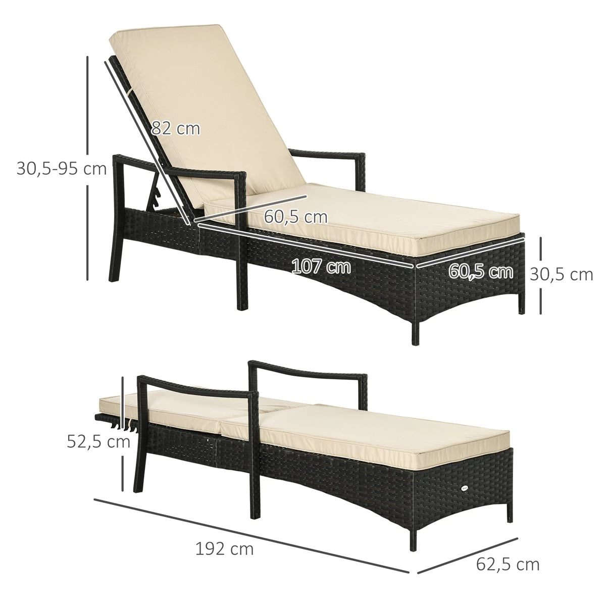 Outsunny Set De 2 Tumbonas De Ratán De Jardín Chaise Longue Con Respaldo Ajustable En 4 Posiciones Cojines Acolchados Y Desenfundables Para Terraza Patio Exterior 192x62,5x58-95 Cm Marrón Y Beige - Imagen 3