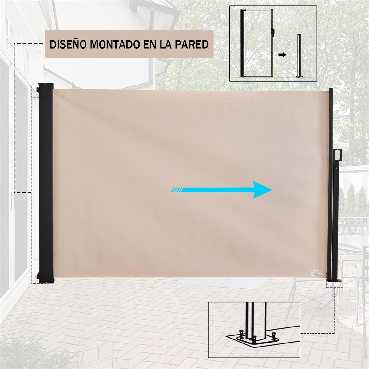 Outsunny Toldo Lateral Retráctil Exterior 350x180cm Pantalla De Privacidad Contra Sol Viento Visión Para Jardín Patio Balcón Tejado Hecho De Aluminio Poliéster Montar Utilizar Fácil Beige - Imagen 4