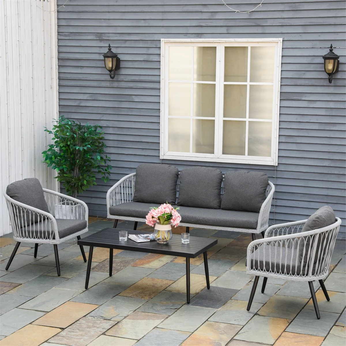 Outsunny Conjunto De Muebles De Ratán Y Aluminio Juego De Muebles De Jardín 4 Piezas Mesa De Café Sofá De 3 Plazas Y 2 Sillones Con Cojines Para Terraza Exterior Gris - Imagen 2