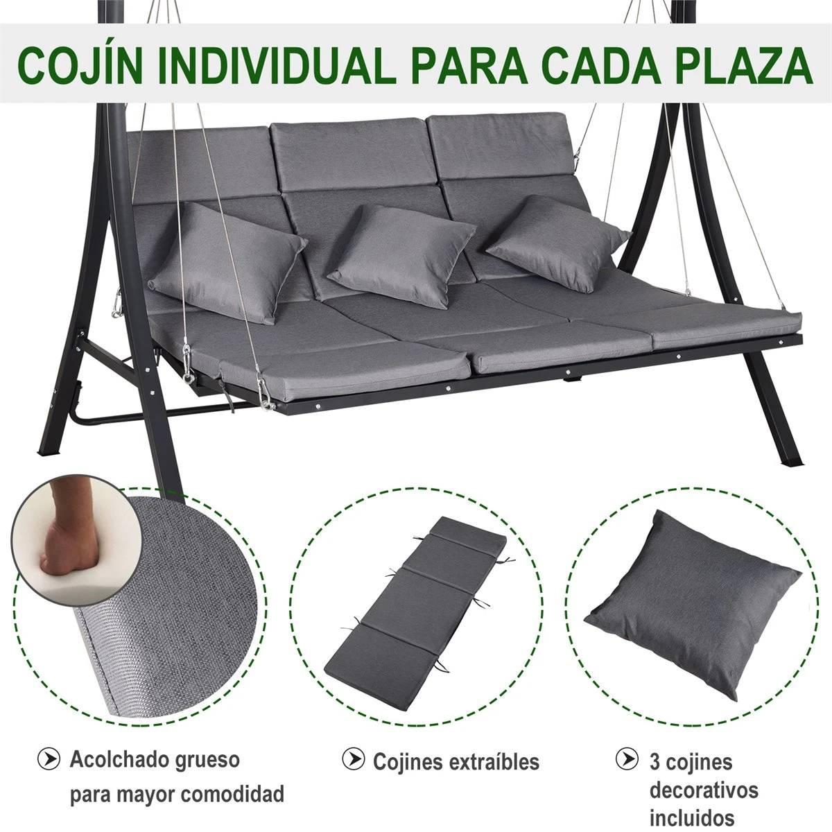 Outsunny Balancín Con Toldo Ajustable De 3 Plazas Columpio De Jardín Con Dosel Cojines Para Exterior Terraza Patio Carga 270 Kg 200x115x168 Cm Gris - Imagen 6