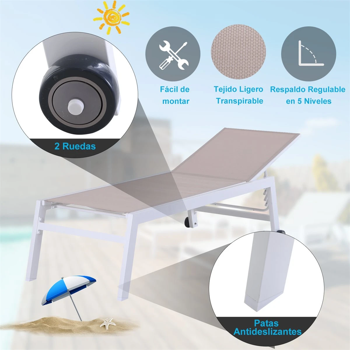 Outsunny Tumbona Multiposiciones De Jardín Con Respaldo Reclinable En 5 Posiciones De Aluminio Y Texteline Carga 160 Kg Para Patio Terraza 202x65x43 Cm Beige - Imagen 9