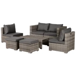 Outsunny Conjunto De Muebles De Jardín 8 Piezas De Ratán Convertible Con 2 Mesas De Centro 2 Sofás Esquineros 2 Sillones 2 Taburetes Con Cojines Para Patio Porche Terraza Gris
