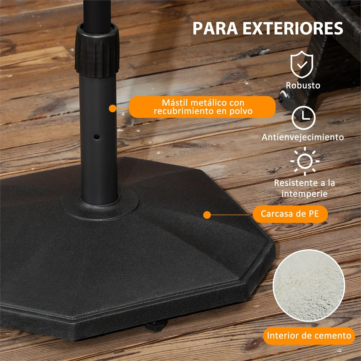 Outsunny Base De Sombrilla Peso 18 Kg Soporte Para Parasol De Cemento Para Mástil De Ø32/34/38 Mm Pie De Parasol Para Jardín Balcón 46x46x39 Cm Negro - Imagen 5