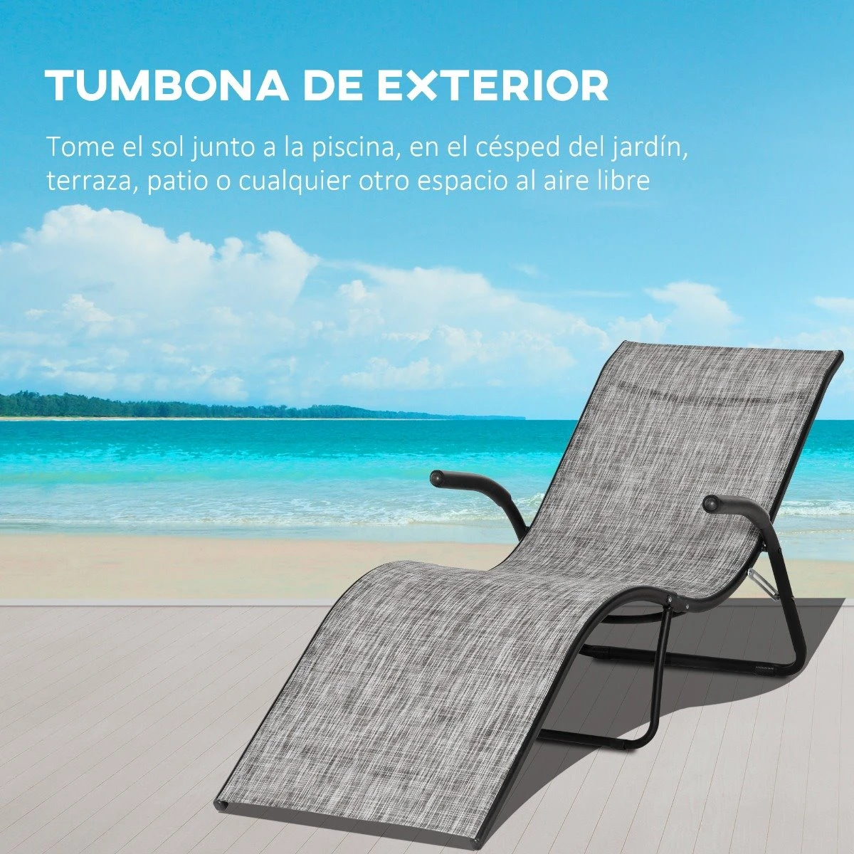 Outsunny Tumbona Plegable De Jardín Con Reposabrazos Reposapiés Respaldo Transpirable Y Marco De Metal Ergonómico Para Terraza Playa Camping 170x62x68 Cm Gris - Imagen 4