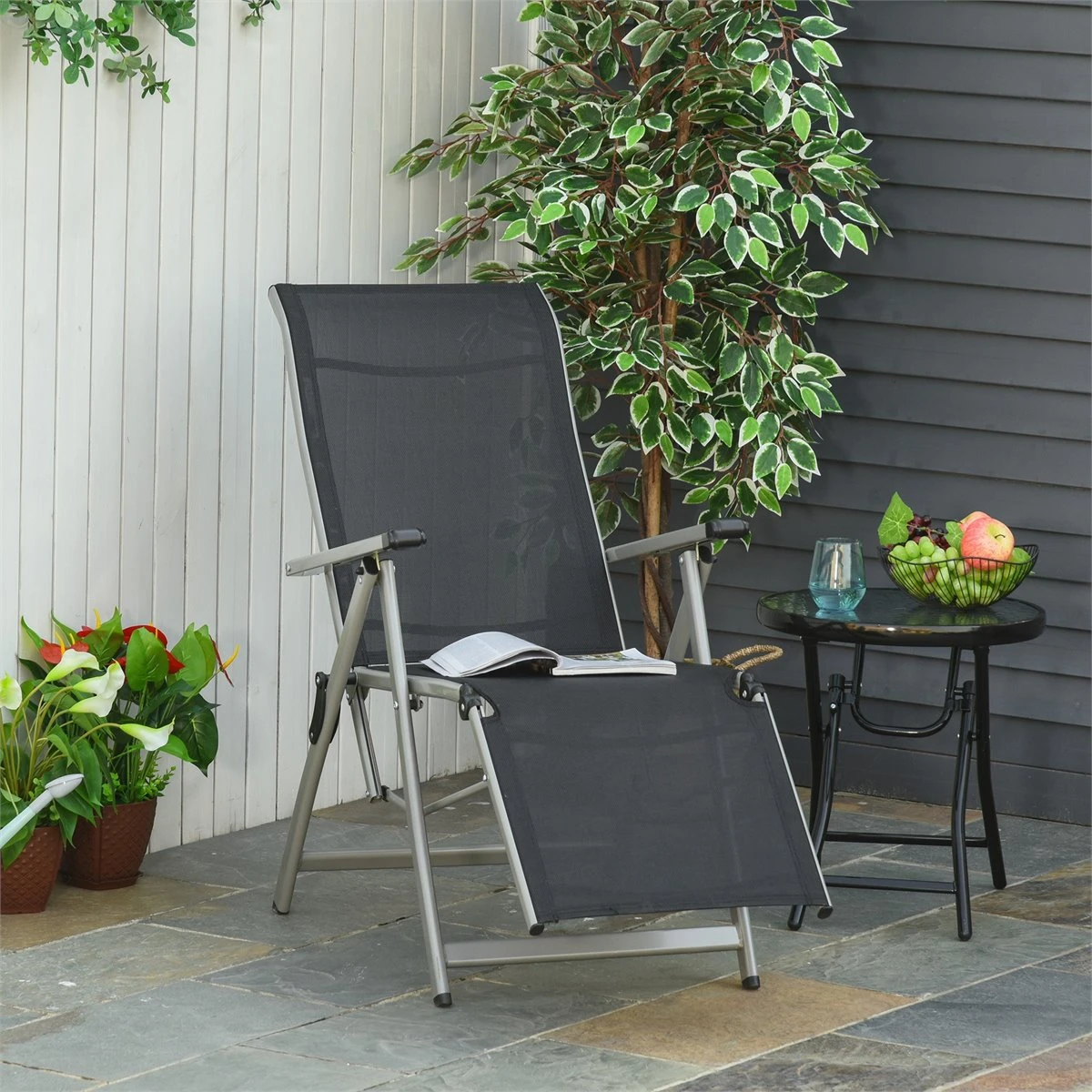 Outsunny Tumbona Plegable De Jardín Sillón Ajustable En 10 Posiciones Con Respaldo Alto Y Reposapiés Transpirable Carga Máx. 120 Kg 78x58x110 Cm Negro - Imagen 2