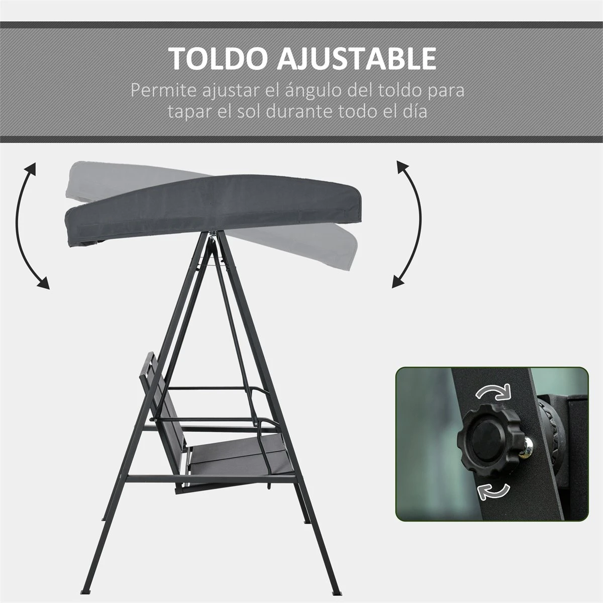 Outsunny Columpio Balancín De Jardín De 2 Plazas Con Techo Ajustable Respaldo Transpirable Y Marco De Acero Para Balcón Terraza Exterior Carga Máx. 220 Kg 150x110x170 Cm Gris - Imagen 4