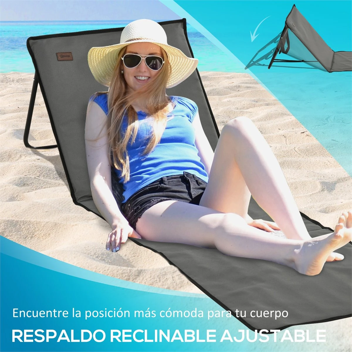 Outsunny Conjunto De 2 Esterillas De Playa Plegable Esteras Acolchadas Con Respaldo Reclinable Y Bolsa De Transporte Para Jardín Camping 142x51x40 Cm Gris - Imagen 5