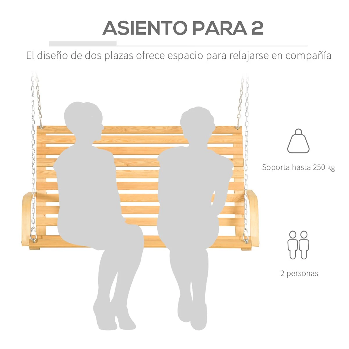 Outsunny Banco Columpio De Madera De 2 Plazas Tipo Balancín Colgante Carga Máx. 250 Kg Para Jardín Terraza Balcón Exterior 141,5x51x78 Cm Natural - Imagen 4