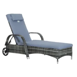 Outsunny Tumbona De Ratán De Jardín Chaise Longue Con Respaldo Ajustable En 5 Posiciones Cojines Acolchados Reposacabezas Y 2 Ruedas 200x73x30-103 Cm Gris
