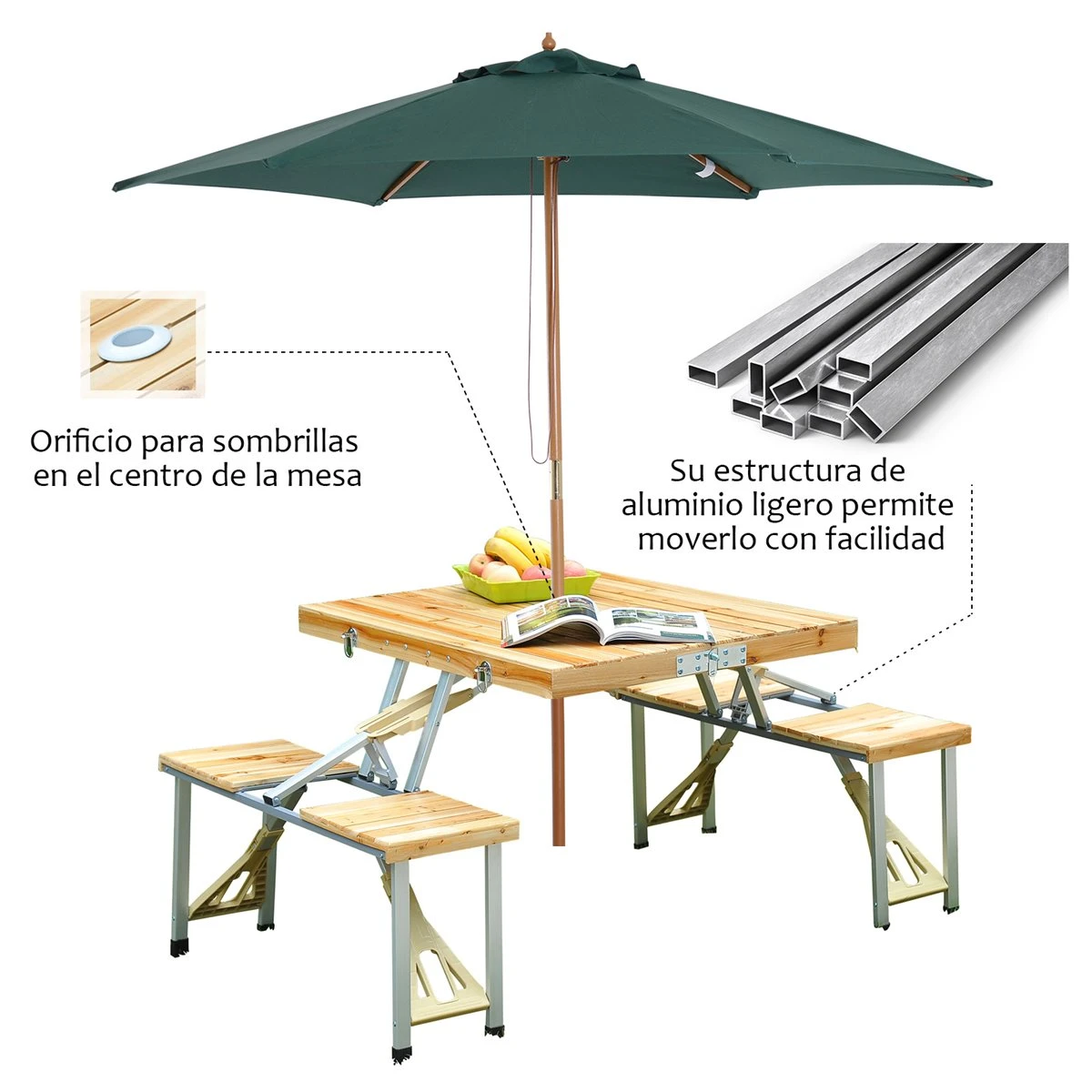 Outsunny Mesa Plegable Para Camping Picnic Playa Con 4 Asientos Y Agujero De Sombrilla Marco De Aluminio 138x85x68 Cm Natural - Imagen 4