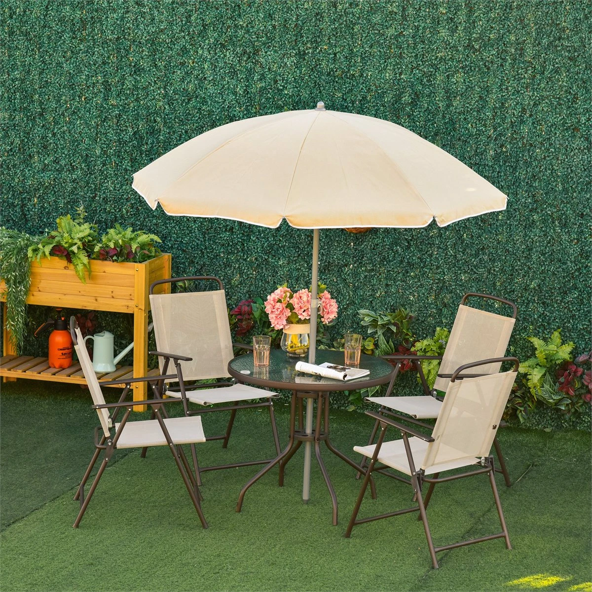 Outsunny Conjunto De Muebles Para Jardín Con 4 Sillas 1 Mesa Y 1 Parasol Texteline Aluminio Y Poliéster Beige - Imagen 5