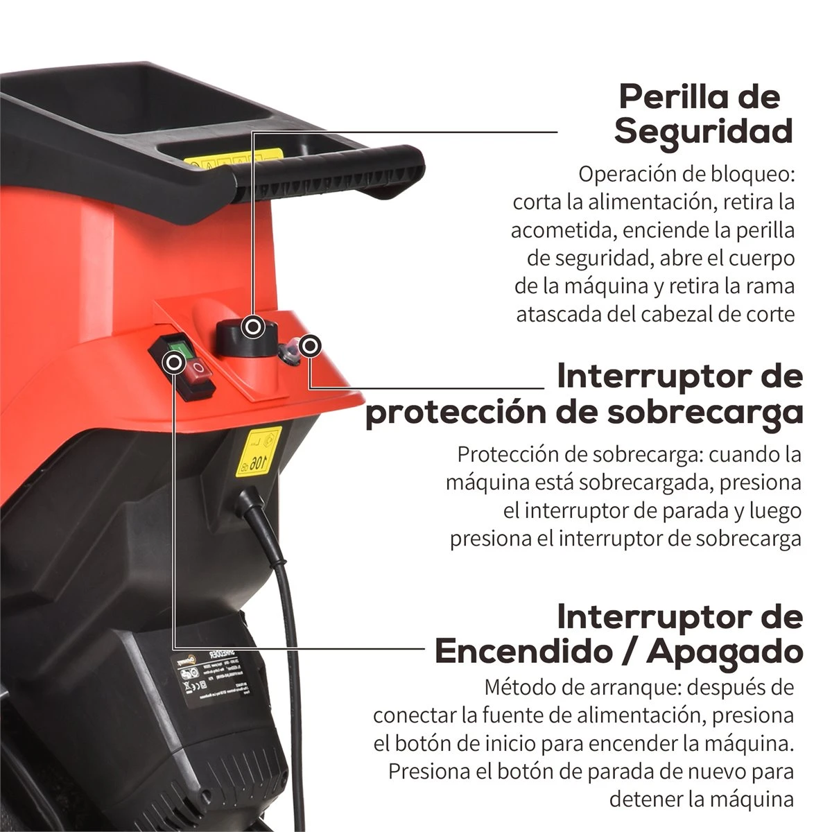 Outsunny Trituradora De Jardín 2500W Con 2 Cuchillas De Volteo Hasta Ø40 Mm De Ramas Bolsa De Recolección De 50L Y Ruedas Para Malas Hierbas 52x39x89 Cm Negro Y Rojo - Imagen 5