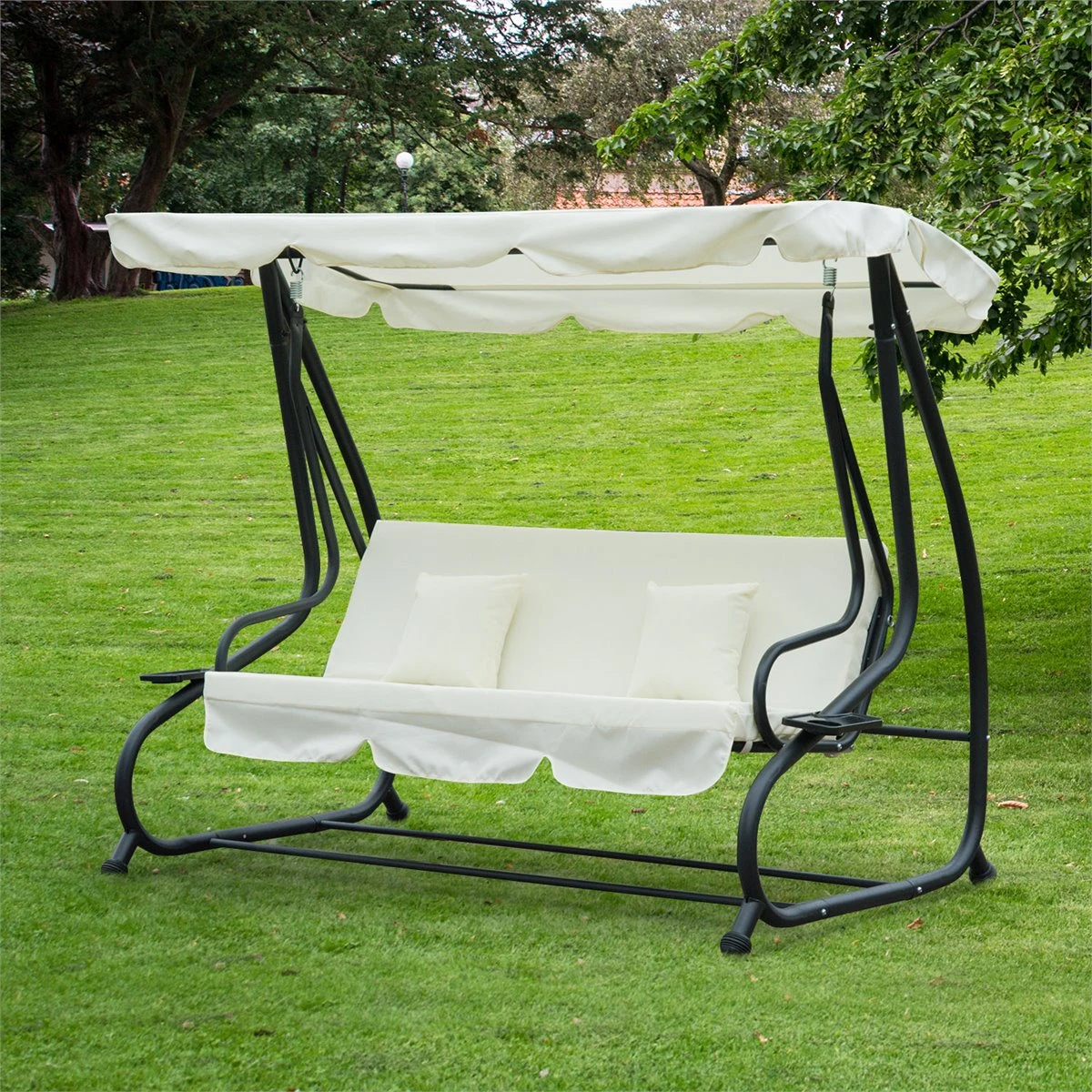 Outsunny Columpio Balancín Jardín 3 Plazas Convertible En Cama Techo Parasol Regulable Bandeja Para Bebida Terrza Balcón Exterior Carga Máx. 340kg Acero 200x120x164cm Beige - Imagen 2