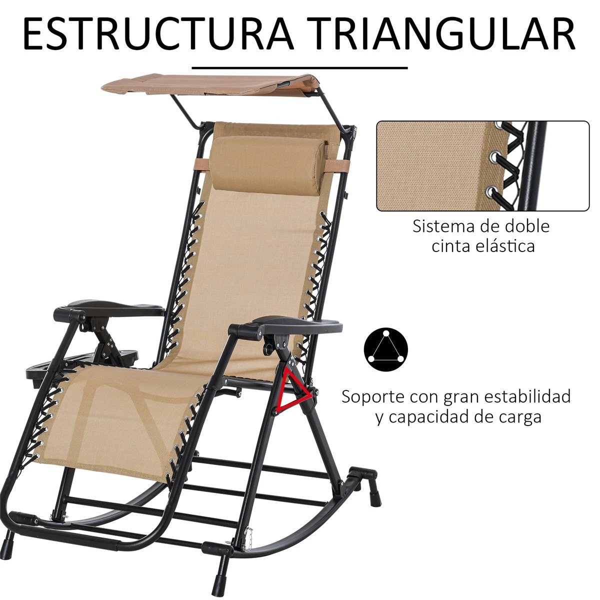 Outsunny Silla Mecedora De Jardín Plegable Tumbona Reclinable Con Techo Protección Solar Reposacabezas Extraíble Y Reposapiés Estructura De Acero 120x67x102 Cm Beige - Imagen 7