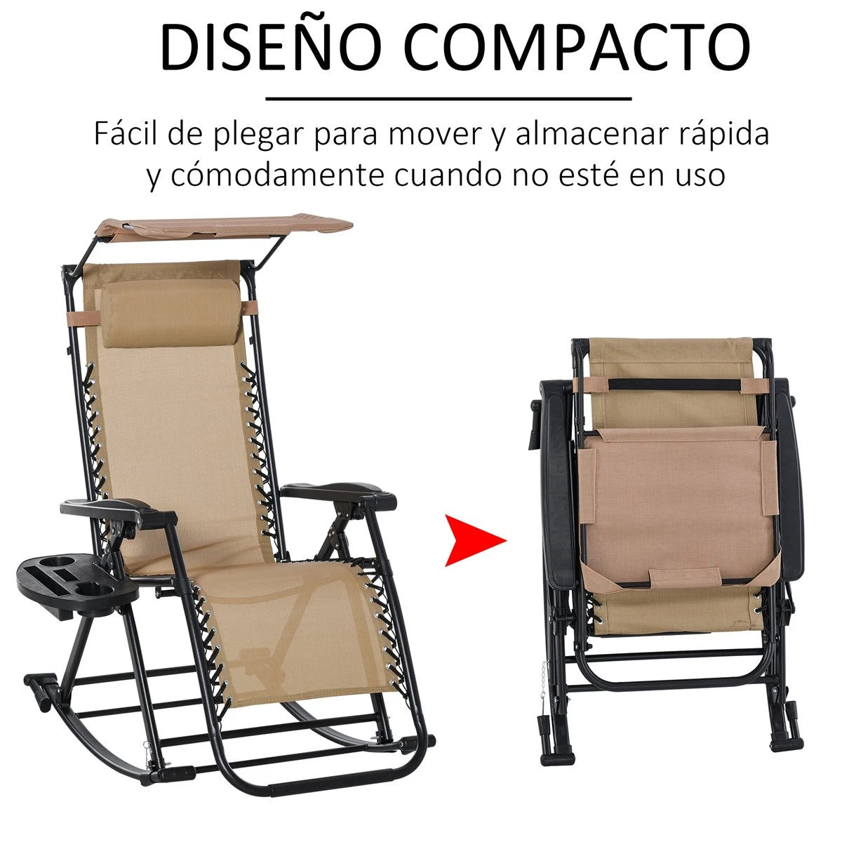 Outsunny Silla Mecedora De Jardín Plegable Tumbona Reclinable Con Techo Protección Solar Reposacabezas Extraíble Y Reposapiés Estructura De Acero 120x67x102 Cm Beige - Imagen 6