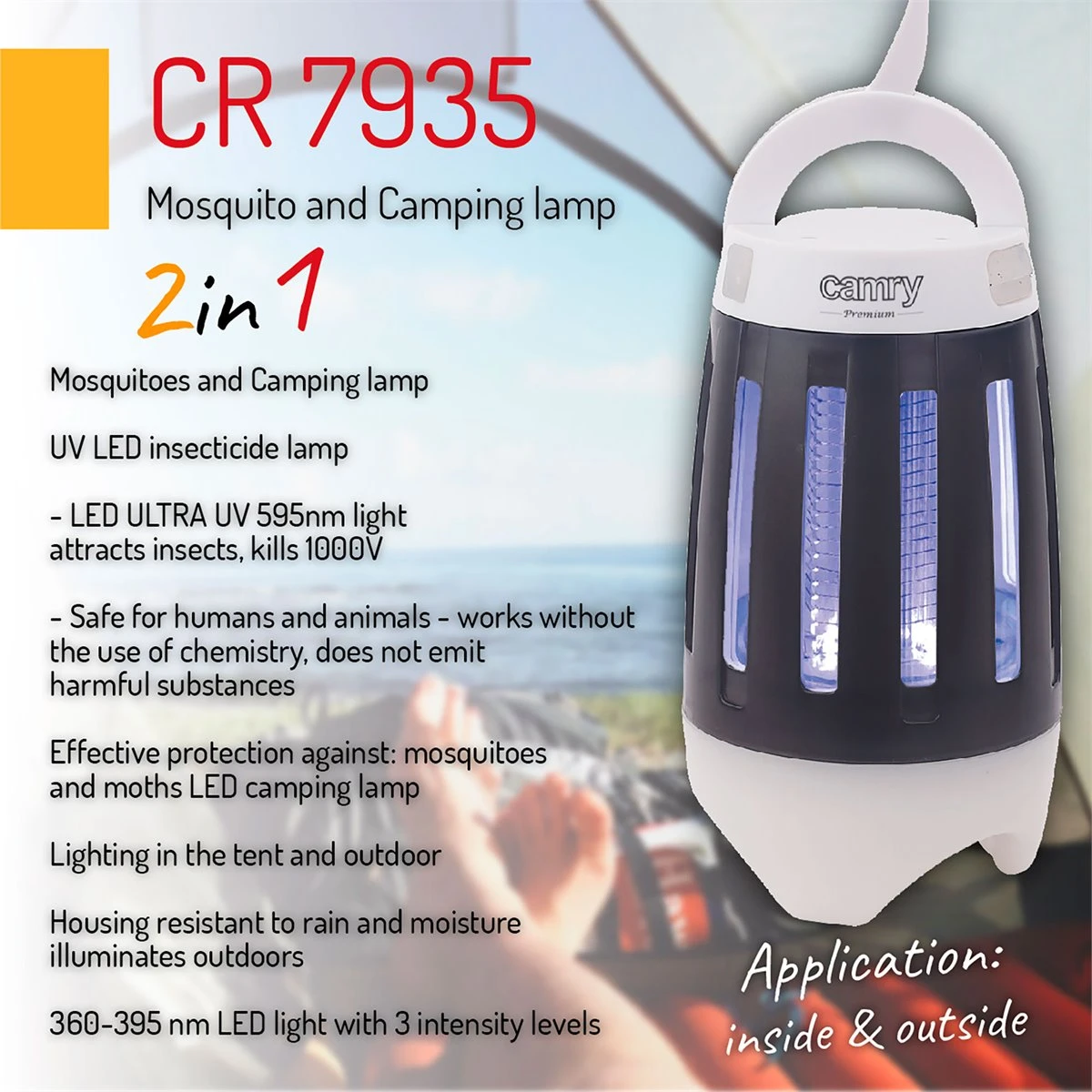 Camry CR 7935 Lámpara Anti-mosquitos, Lámpara Camping LED 2 En 1, Recargable USB Radio Acción 40 M², Camping, 2 , Blanco/Negro - Imagen 4