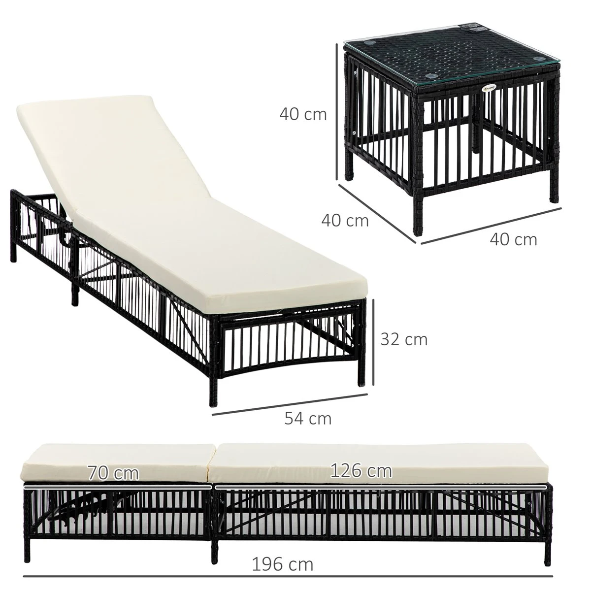 Outsunny Conjunto De 2 Tumbonas De Jardín Exterior Tumbonas De Mimbre Tejido Con Mesa De Tapa De Vidrio Respaldo Reclinable De 5 Posiciones Y Cojines Suaves 196x54x32 Cm Negro - Imagen 3