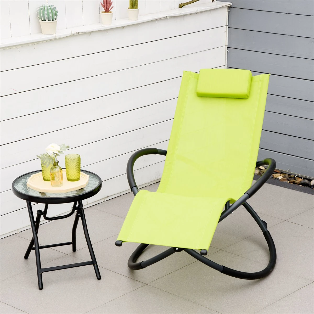 Outsunny Tumbona Mecedora De Jardín Con Reposacabezas Extraíble Sillón Tumbona Ergonómica De Exterior Plegable Tela De Texteline Para Patios Piscina Al Aire Libre 80x154x84 Cm Verde - Imagen 2