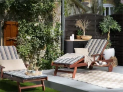 Tumbona De Jardín Madera Con Ruedas Cojín Rayas Azul Beige TOSCANA