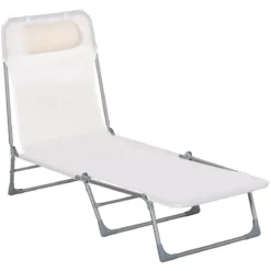 Outsunny Tumbona Plegable Y Reclinable De Jardín Con Reposacabezas Y Respaldo Ajustable En 5 Niveles Tela De Texteline Transpirable 182x56x24,5 Cm Crema