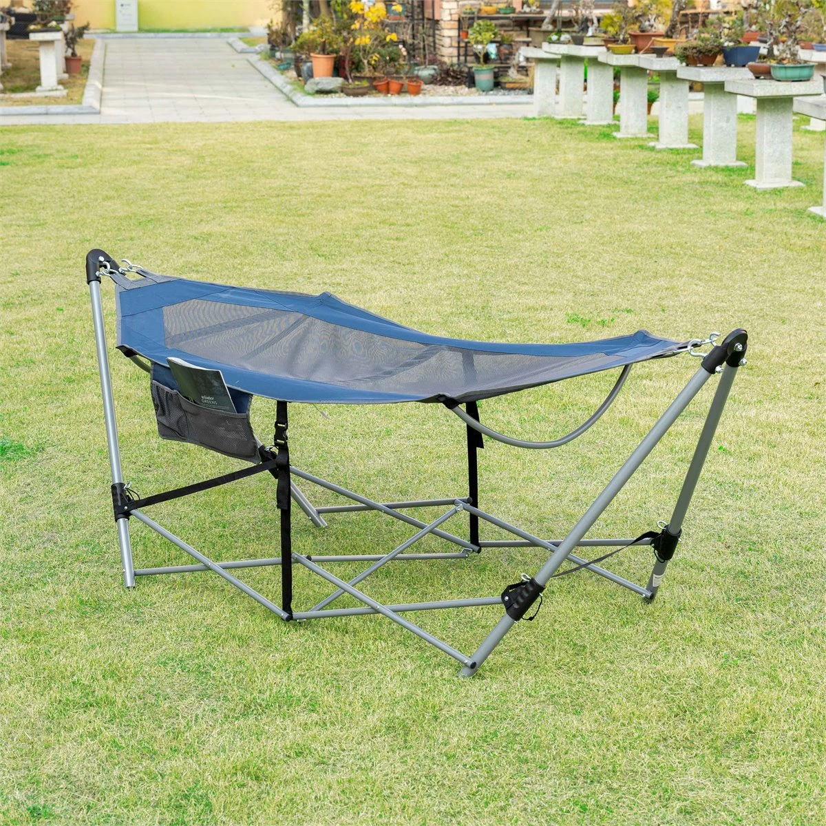 Outsunny Hamaca De Jardín Con Soporte Plegable Con Cama De Tela Oxford Y Malla Transpirable Bolsillo De Almacenaje Y Bolsa De Transporte 235,5x82x90,5 Cm Azul Y Plata - Imagen 8