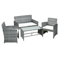 Outsunny Conjunto De Muebles De Jardín De Ratán 4 Piezas Juego De Muebles De Jardín Incluido 1 Sofá De 2 Plazas 2 Sillones Y 1 Mesa De Centro Con Tablero De Vidrio Para Terraza Gris