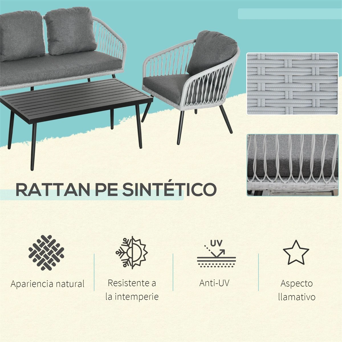 Outsunny Conjunto De Muebles De Ratán Y Aluminio Juego De Muebles De Jardín 4 Piezas Mesa De Café Sofá De 3 Plazas Y 2 Sillones Con Cojines Para Terraza Exterior Gris - Imagen 4