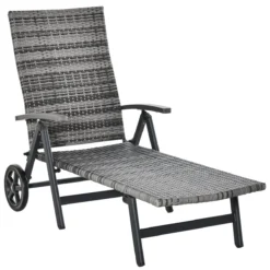 Outsunny Tumbona De Jardín De Ratán 192x74x55 Cm Con Respaldo Reclinable En 7 Posiciones Reposabrazos Y Ruedas Marco De Aluminio Para Patio Terraza Balcón Gris