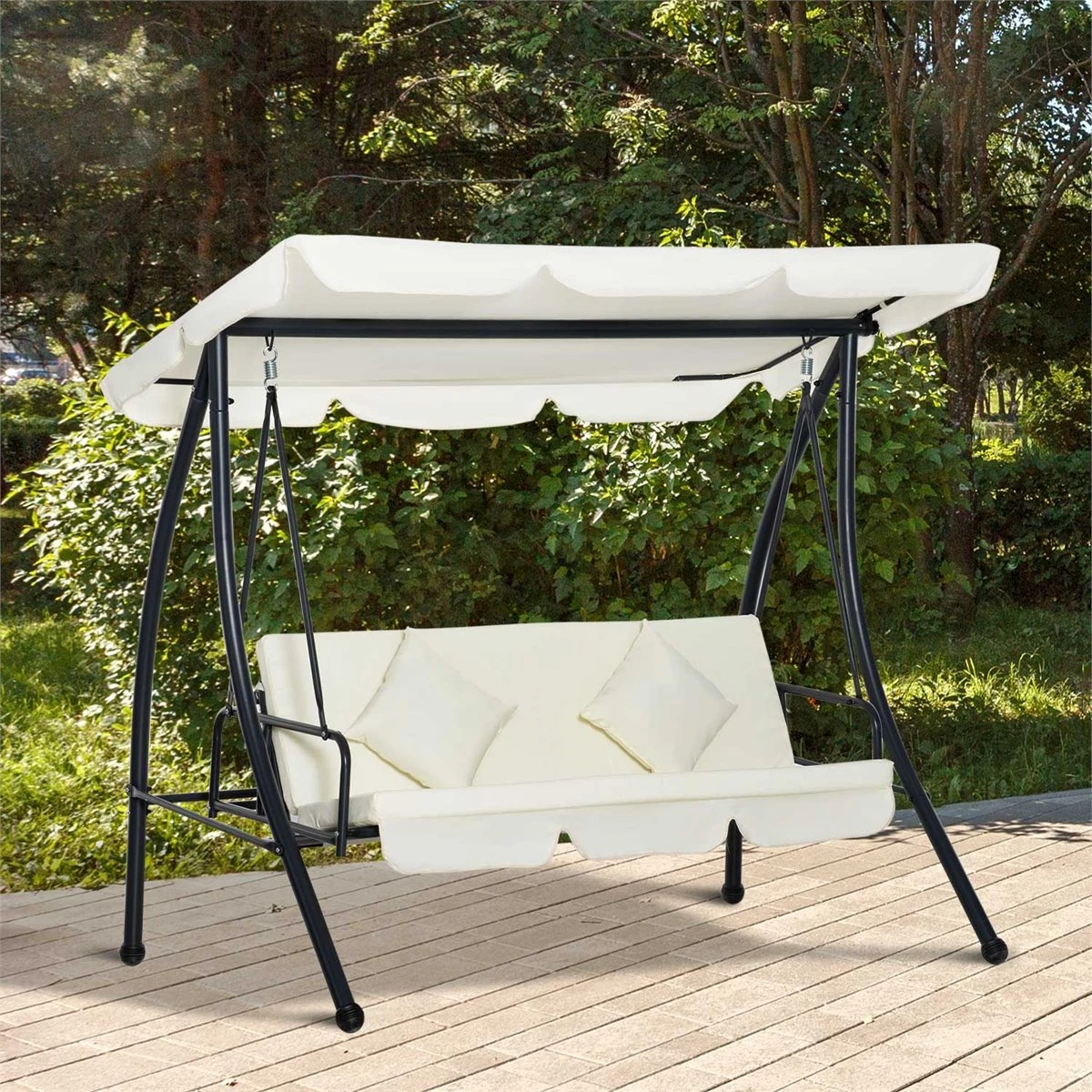 Outsunny Columpio Balancín Jardín De 3 Plazas Convertible En Cama Con Techo Ajustable Cojín Acolchado Y Almohadas Para Balcón Terraza Carga 340 Kg Acero 200x125x170 Cm Crema - Imagen 2