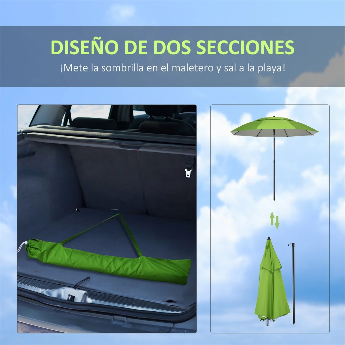 Outsunny Sombrilla De Playa Ø185x205 Cm Parasol Para Terraza Con Techo Doble Ángulo Ajustable Protección UV30+ 8 Varillas De Acero Y Bolsa De Transporte Verde - Imagen 8