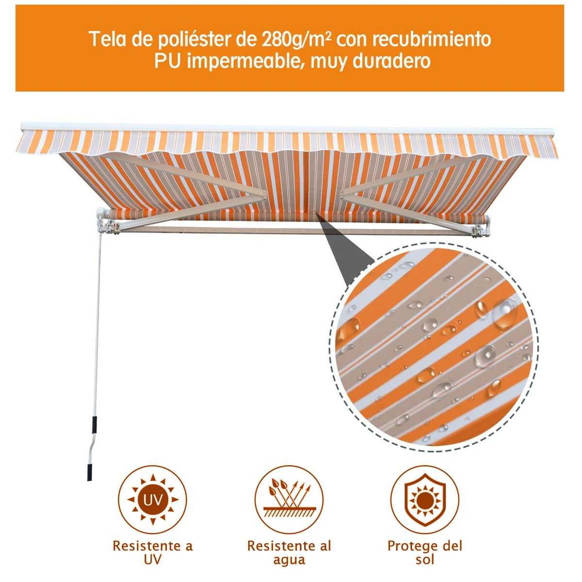 Outsunny Toldo Retráctil Con Manivela Toldo De 300x250cm Con Brazo Articulado De Aluminio Y Poliéster 280g/m² Rayas Naranja Beige Y Blanco - Imagen 6