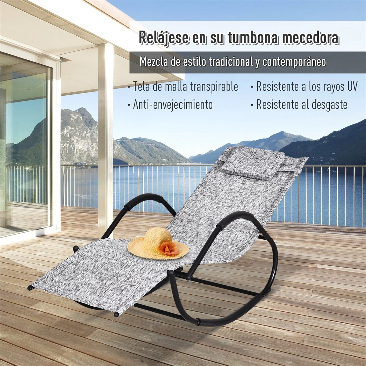 Outsunny Mecedora Para Exterior Tumbona Con Reposabrazos Y Función Balancín Para Terraza 160x61x79 Cm Gris - Imagen 4
