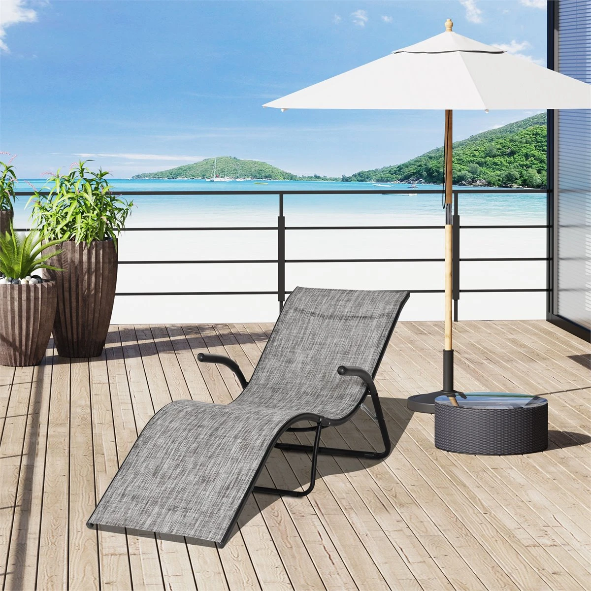 Outsunny Tumbona Plegable De Jardín Con Reposabrazos Reposapiés Respaldo Transpirable Y Marco De Metal Ergonómico Para Terraza Playa Camping 170x62x68 Cm Gris - Imagen 2