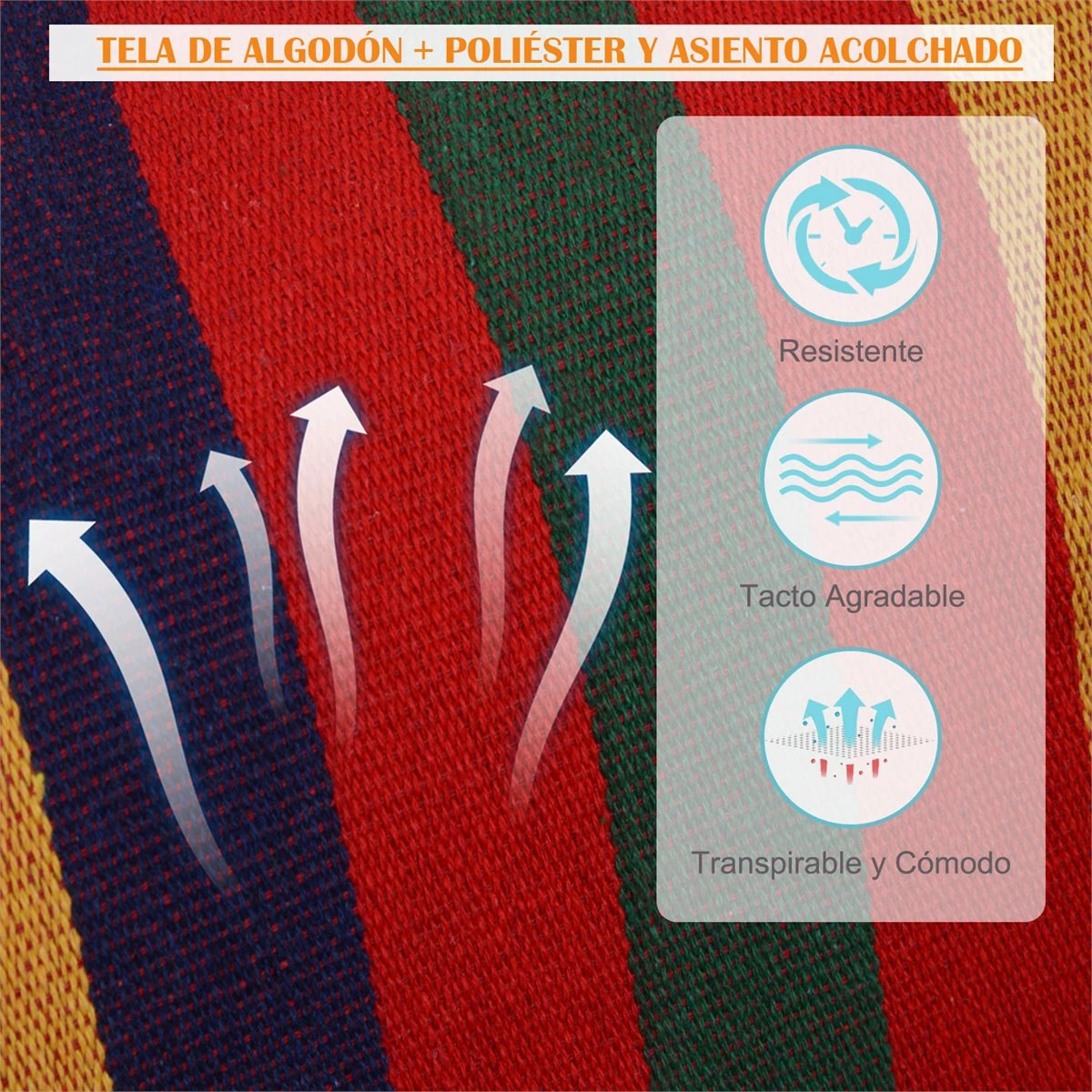 Outsunny Silla Hamaca Colgante Tejido De Algodón Poliéster Carga 100 Kg Sillón Colgante Para Interior Exterior Terraza 100x60x100 Cm Multicolor - Imagen 7