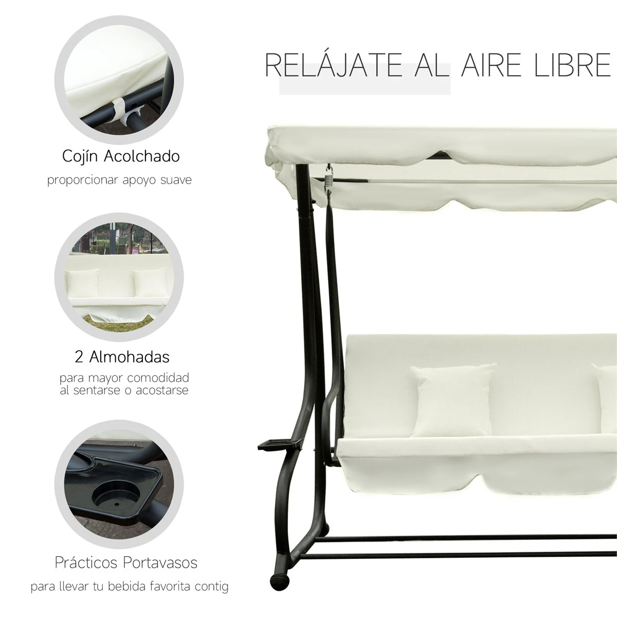 Outsunny Columpio Balancín Jardín 3 Plazas Convertible En Cama Techo Parasol Regulable Bandeja Para Bebida Terrza Balcón Exterior Carga Máx. 340kg Acero 200x120x164cm Beige - Imagen 7