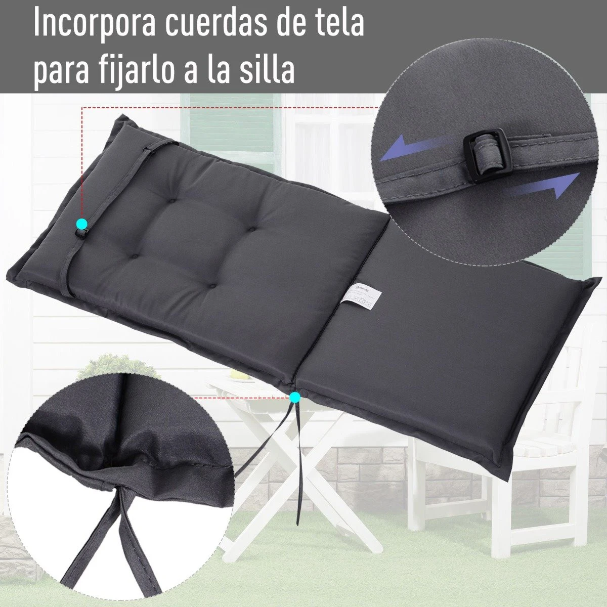 Outsunny Cojín De 2 Piezas Para Tumbona De Exterior Colchoneta Para Sillas De Jardín Acolchado Cómoda Con Cuerda De Fijación Lavable A Mano Poliéster Esponja 120x50x6 Cm Gris - Imagen 5
